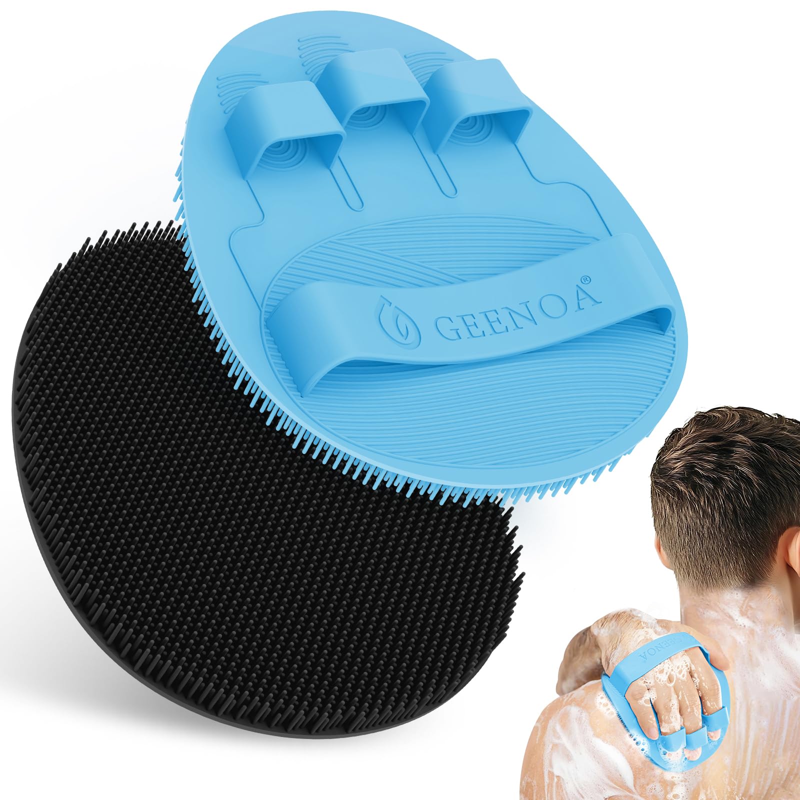 GEENOA New Silicone Bath Glove with Straps, 360° Anti-Slip & Enlarged Exfoliating Body Scrubber for Rich Foaming Deep Cleaning, No-Grip & Hand-fit Shower Scrubber for All Skin Types(Black+Blue)