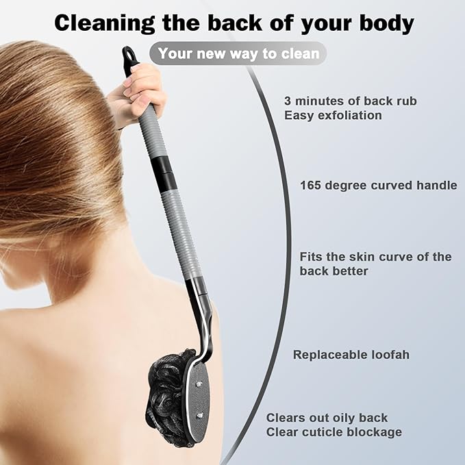 BTideas Loofah with Handle, 21.7” Detachable Loofah Back Scrubber, Back Loofah, Exfoliation and Improved Skin Health, Shower Loofah for Shower for Men Women（Black）