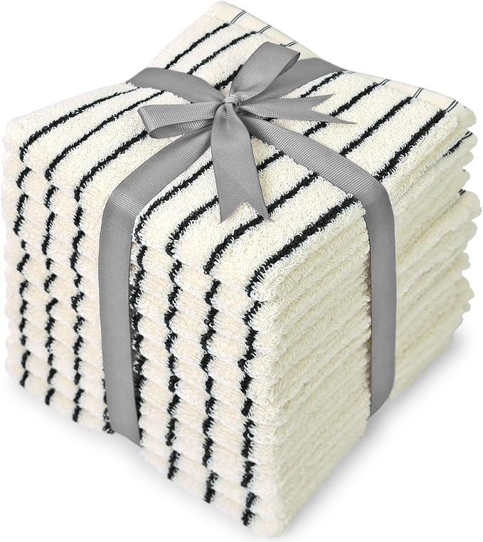 Jacquotha Striped Cotton Washcloths 12 Pack, 13” x 13” - Soft Wash Cloths for Bathroom, Kitchen, Gym, Face, Black and Cream