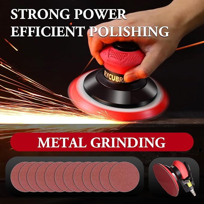 Rycubre pneumatic Air Sander 5/6 Inch DA Palm Sander for auto body, High Speed Random Orbital Sander for Woodworking & Auto Polishing (6 Inch)
