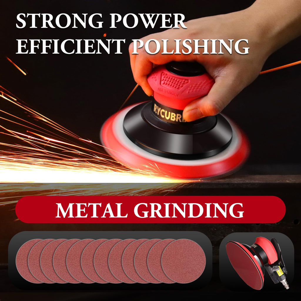 Rycubre pneumatic Air Sander 5/6 Inch DA Palm Sander for auto body, High Speed Random Orbital Sander for Woodworking & Auto Polishing (6 Inch)