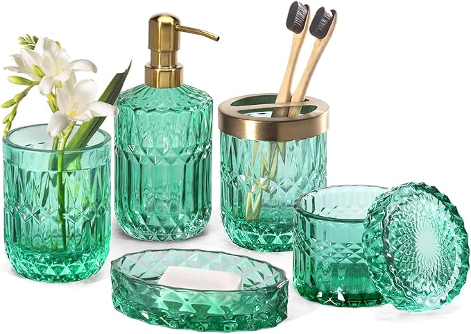 EMPO 6PCS Bathroom Clear Glass Accessories Set (Lotion Soap Dispenser, Soap Dish, Toothbrush Holder, Tumbler, Cotton Swab Jar), Contemporary Modern Decor Crystal Vintage Gift (6pcs Ocean Teal Blue)