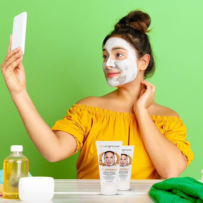 SpaScriptions Turmeric Exfoliating Facial Scrub - Glowing Face Scrub with Natural Exfoliants For Deep Pore Cleansing, Dark Spots, Dull Skin, Blackheads, & Uneven Tone, Ideal for Acne Prone Skin, 5 oz