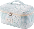 uekeboag Large Travel Quilted Makeup Bag for Women, Floral Cotton Cosmetic Bag, Coquette Aesthetic Floral Toiletry Organizer Bag(Blue Patchwork