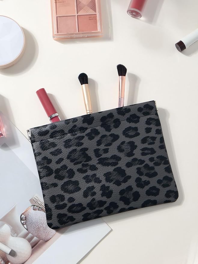 Ksriylm Leopard Leather Small Makeup Pouch for Women,Cosmetic Accessories Organizer,Waterproof and Portable Cosmetic Bag,Self-closing, No Zipper, Aesthetic Storage Pouch,Lipstick for Purse,Black
