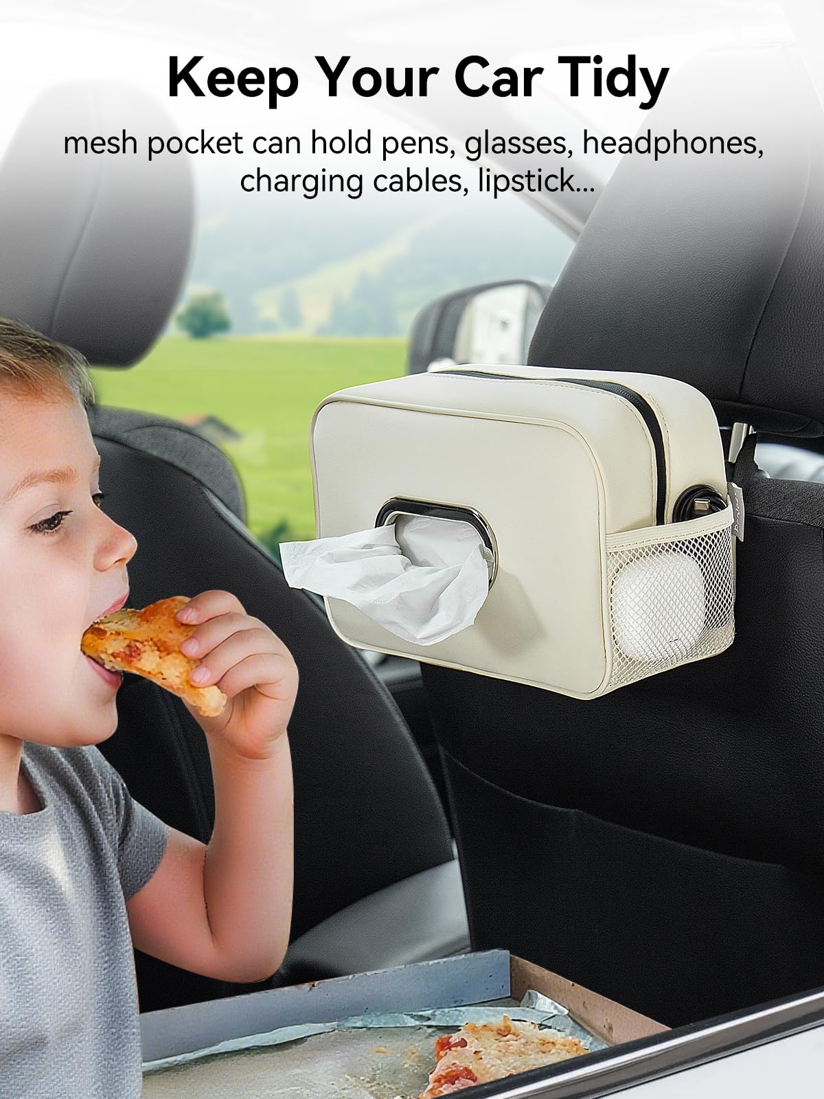 Multi-Functional Car Tissue Holder with ‌2 Storage Nets, Tissue Box Cover