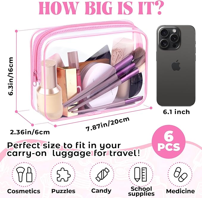 CHICAUP 6 Pieces Clear Makeup Bags Bulk TSA Approved Toiletry Bag for Travel PVC Waterproof Clear Cosmetic Pouch with Zipper for Men and Women Carry-on Travel Essentials (Pink)