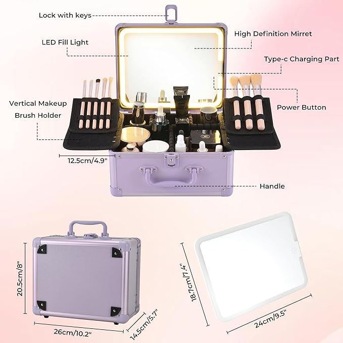 GALHUBIS Makeup Case with Lighted Mirror, Makeup Box Organizer with Detachable LED Mirror, Travel Makeup Train Case, Waterproof Cosmetic Organizer, Standing Brush Holder, Gift, Purple