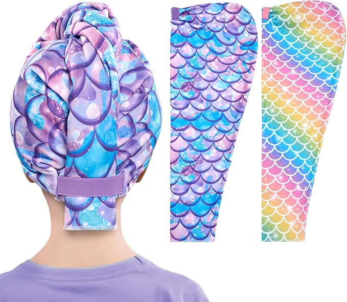 WAWSAM Kids Hair Drying Towel Wrap - Microfiber Hair Towel for Girls, Quick Dry Hair Cap with Button & Elastic Loop, 2 Pack (Rainbow&Purple)