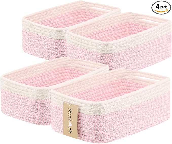 Small Storage Baskets for Organizing | Closet Organizer Bins | Shelf Toy Basket | Woven Rope Baskets | Cube Decorative Box | Shallow Basket | 13x8.5x5.1” | 4 Packs White Pink