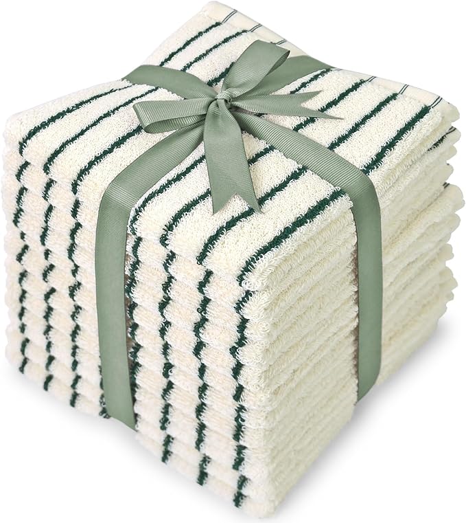 Jacquotha Striped Cotton Washcloths 12 Pack, 13” x 13” - Soft Wash Cloths for Bathroom, Kitchen, Gym, Face, Green and Cream