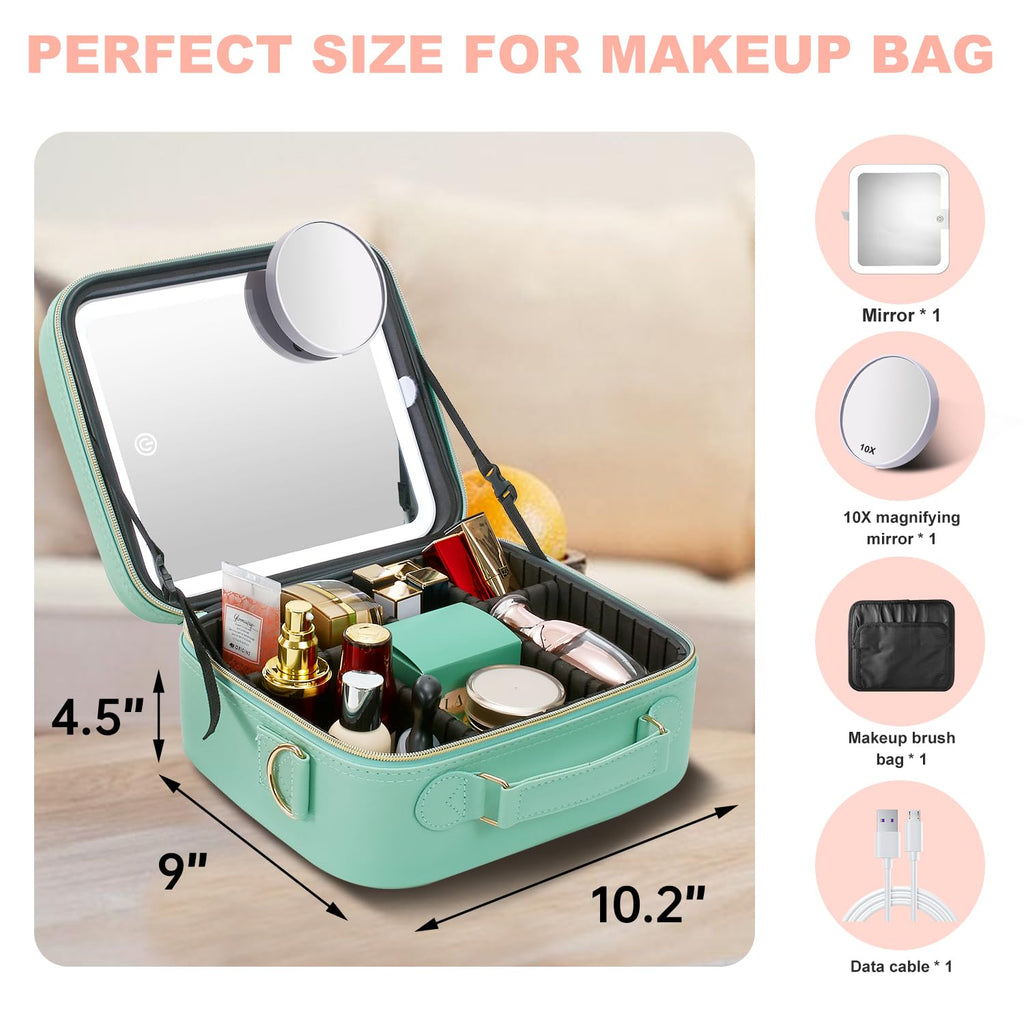 Mocado Travel Makeup Bag with LED Lighted Mirror, Travel Makeup Organizer, Makeup Case with 3 Color Lighted Setting and 10x Magnifying Mirror, Portable Storage and Adjustable Dividers (Powdery Green)