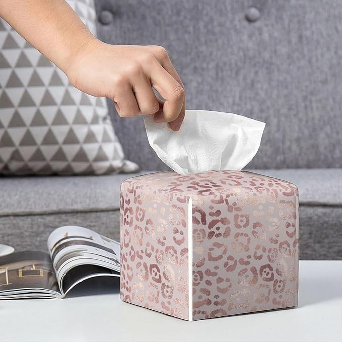 Pink Leopard Tissue Box Cover Leather Tissue Box Holder Square Facial Paper Organizer Dispenser for Bathroom Kitchen Bedroom Vanity Countertop Night Stands