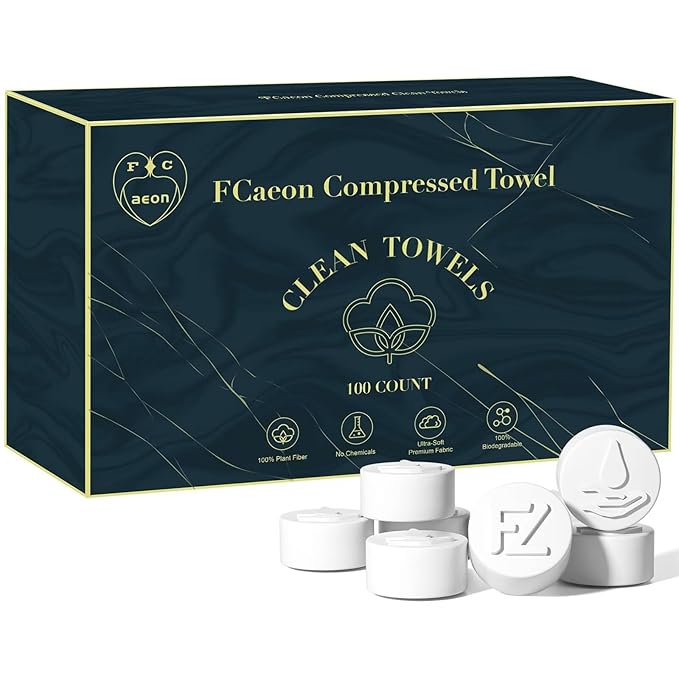 Fcaeon Compressed Towel Tablets 100 Pcs Disposable Face Towel Coin Tissue Cloths for Skincare Facial Cleansing Travel Camping Hiking Gym Workout and Emergency Cleaning Portable Washcloths(Blue)