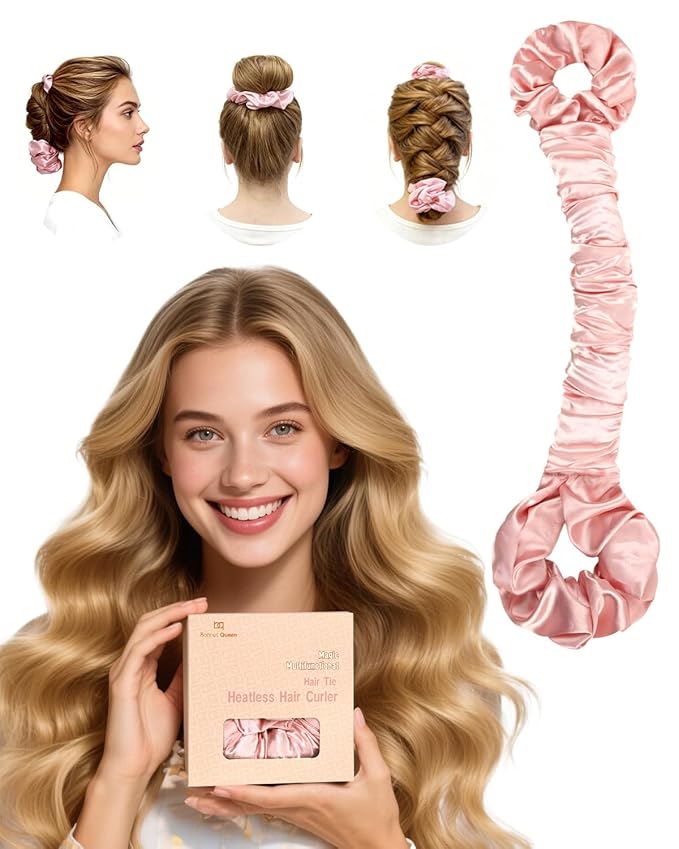 BONNET QUEEN Large Satin Heatless Hair Curler for Long Thick Hair, Heatless Curls Overnight, Hair Curlers to Sleep In, Damage-Free Waves for Women with Built-in Scrunchie, Cream Pink