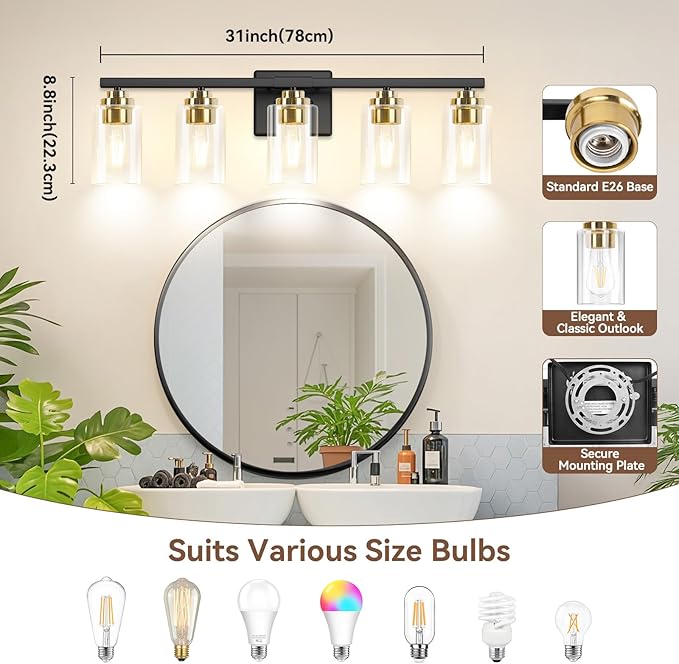 VerRon 5-Light Bathroom Light Fixtures, 31" Black & Gold Vanity Lights