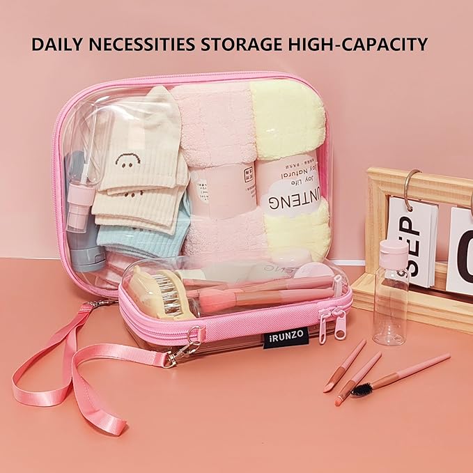 iRUNZO 3 PCS Clear Hard Shell Zipper Case With Handle Strap，Clear Plastic Waterproof Cosmetic Makeup Bags Toiletry Pouches for Travel With Double Zipper，Kid's Toy Storage Organizer Bins Box