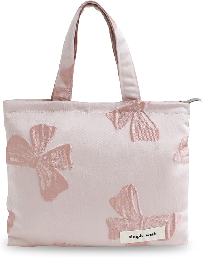 Wudygirl Makeup Bag Travel Cosmetic Bag for Women Small Makeup Pouch with Handle Zipper Cosmetic Pouch Handbag Aesthetic 8.3" x 6.7"(Pink Bow)