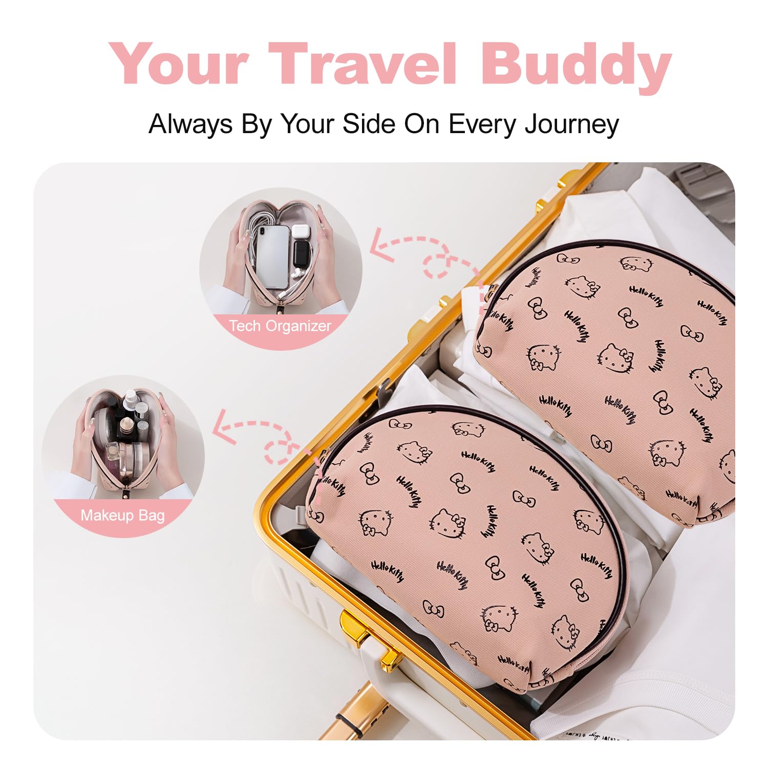 AmBealla 2PCS Travel Makeup Bag Cosmetic Toiletry Organizer,Portable Storage Bags for Cosmetics,Keys,Mobile Phones,Money,Girls,Women-Pink