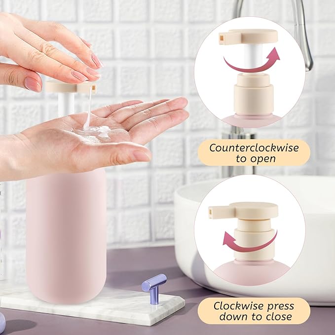 DMuuuDM 6 Pcs 10 oz Soft Plastic Bottles with Press Pump,Empty Refillable Travel Shampoo Dispenser Container for Hand Soap,Shampoo,Lotion,Body Wash,Conditioner,Silicone Funnel Included (Pink)