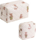 uekeboag 2pcs Small Quilted Cotton Makeup Bag for Purse, Cosmetic Bag with Compartments, Cotton Aesthetic Makeup Bag, Travel Toiletry Pouch, Lipstick Bag Card Holder Data Cable Organizer (Bear Set)
