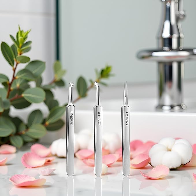 3 Pcs Silver Professional Blackhead Tweezer Professional Facial Blackhead Remover Tweezers Precision Extractor Acne Removal Kit Pimple Popper Tool with Storage Box Skin Care Tools