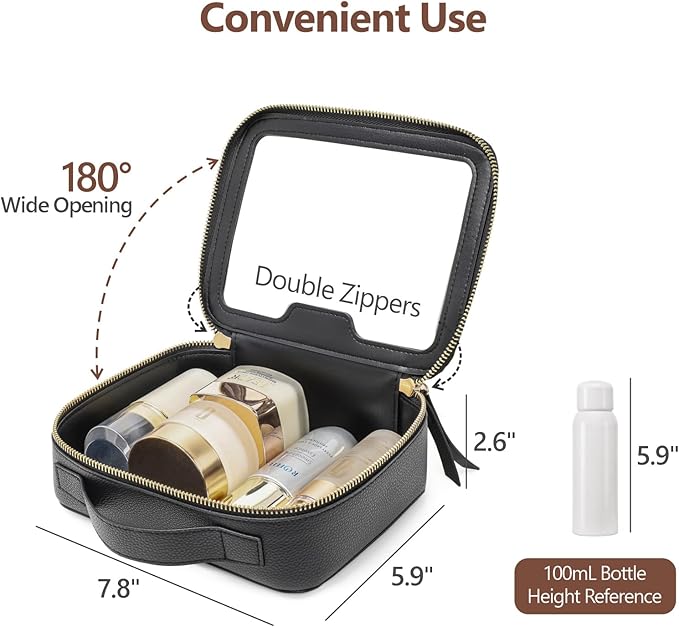 PACKISM Structured Clear Makeup Bag - Faux Leather Cosmetic Pouch with Reinforced Frame, Stand-Up Toiletry Organizer for Purse & Car Console, Medium Black