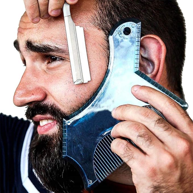 Beard Shaping Tool with Inbuilt Comb and Transparent Template Works with Electric Trimmers for Perfect Lineup Edging Jaw Cheek Neck Line Symmetric Curve Step Cut Styling Guide (Blue)