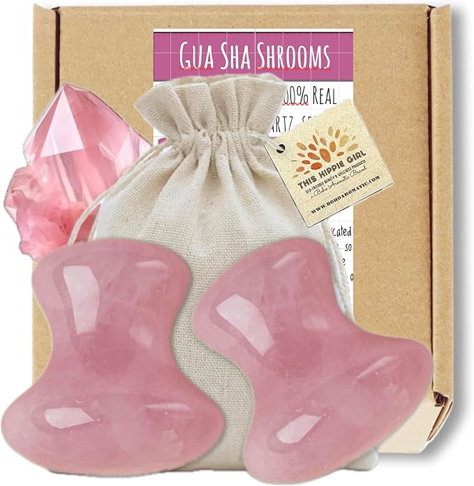 This Hippie Girl Gua Sha Mushroom Set, Rose Quartz Facial Toning and Yoga Sculpt Massage Tool, Jaw Sculpting Tools for Skin and Facial Treatment, 2 Gua Sha Mushrooms Facecare Tools