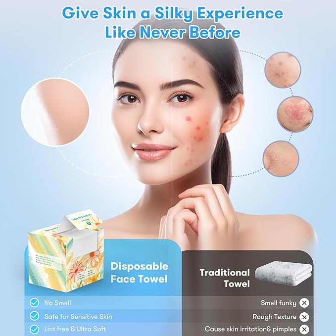Beauntangly Disposable Face Towel, XL Facial Towelettes Soft Thick Absorbent, Lint-Free Biodegradable Makeup Remover Dry Wipes for Skin Care Washing Drying Nursing Camping Travel Essentials, 100 Ct