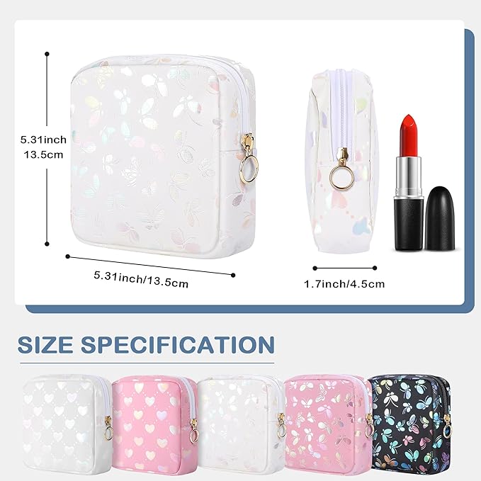 Likesing Period Bag Pouch, Leather Sanitary Napkin Storage Bag for Girls Womens, Portable Sanitary Napkin Period Pad Pouch Bag for Purse, Small Make Up Bags(White Butterflies)