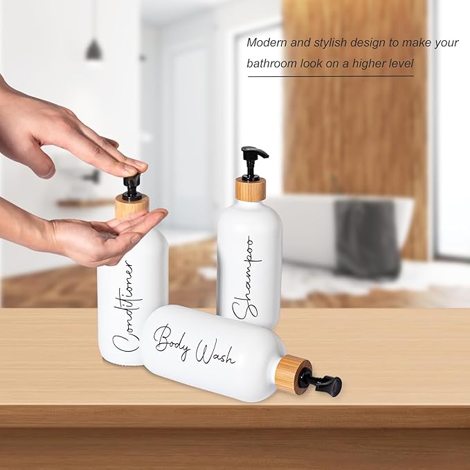Glass Shampoo and Conditioner Pump Bottles Soap Dispenser Bamboo Pump Head Empty Glass Refillable Shampoo Conditioner Body Wash Soap Bottles for Bathroom, 17 oz, 3 Pack, White