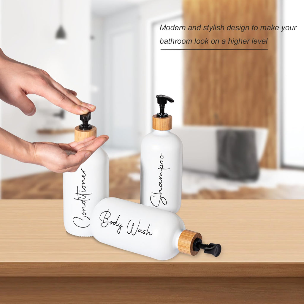 Glass Shampoo and Conditioner Pump Bottles Soap Dispenser Bamboo Pump Head Empty Glass Refillable Shampoo Conditioner Body Wash Soap Bottles for Bathroom, 17 oz, 3 Pack, White