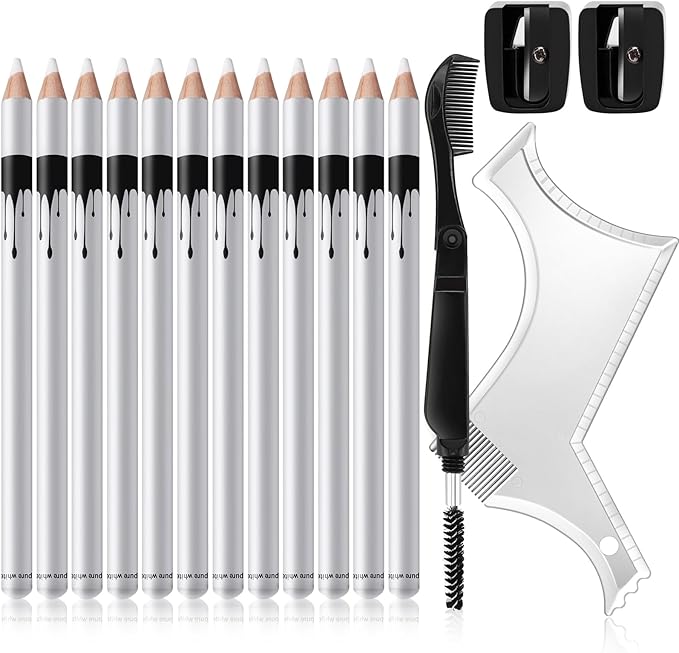 Ponhey 12Pcs Barber Pencil with 2 Sharpener 1 Sharpener Ruler Brush, White Magic Hairline Pencils for Lineup Beard Shaping Beard Guide Pen Barber Chalk for Beards Hair Makeup Design for Men