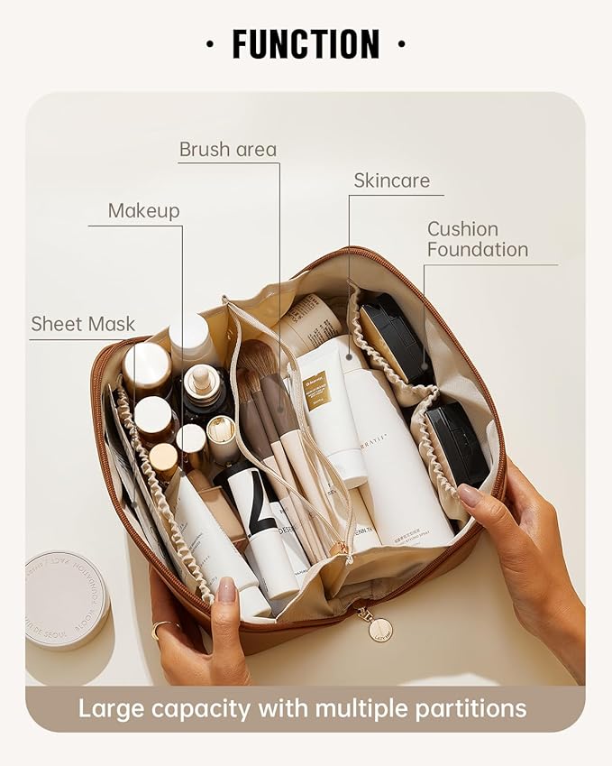 EACHY Travel Makeup Bag,Large Capacity Cosmetic Bags for Women,Waterproof Portable Pouch Open Flat Toiletry Bag Make up Bag with Divider and Handle, Gifts for Women (Brown, Medium)