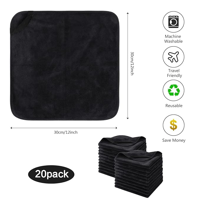 Microfiber Facial Cloths Fast Drying Washcloth 12inch x 12inch Black 20 pack