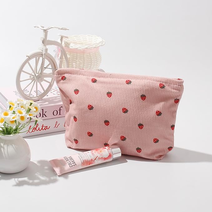Gardsell Cosmetic Bags for Women - Corduroy Cosmetic Bag Aesthetic Women Handbags Purses Smile Dots Makeup Organizer Storage Makeup Bag Girls Case Bags (Flowers-Pink strawberry)
