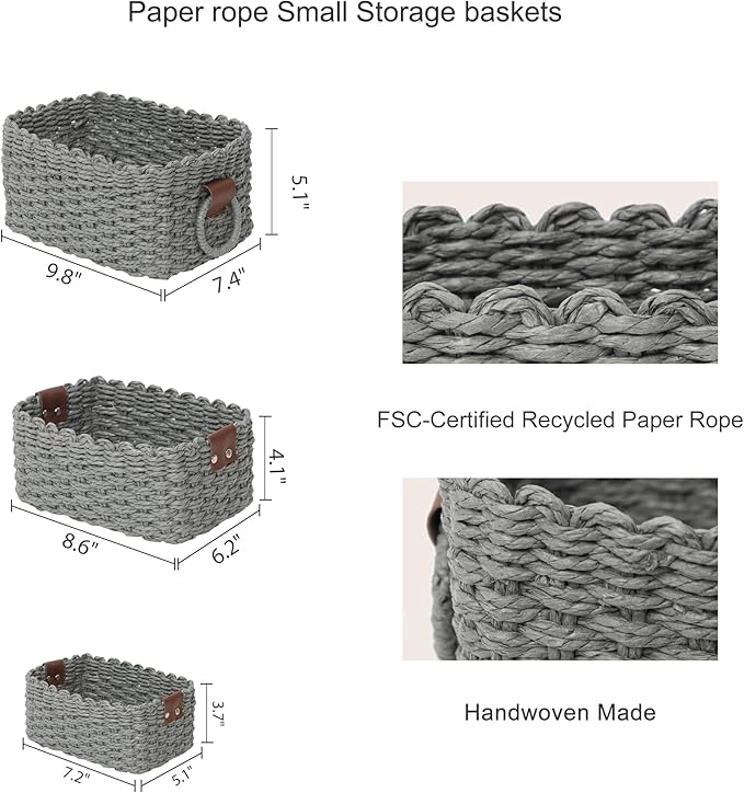 Small baskets for Organizing,Cute woven Storage basket with recycled paper rope for Shelves Bathroom,Little decorative basket,Set of 3 (Dark Grey)