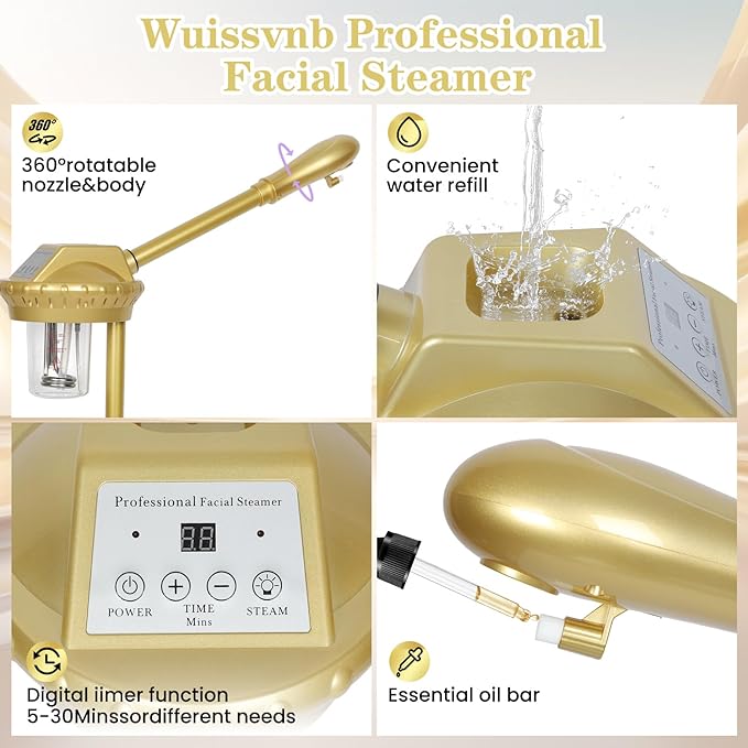 Wuissvnb Facial Steamer, Professional Facial Steamer for Estheticians, Hot Mist & Timer Function, Ozone Face Steamer on Wheels for Spa, Salon and at Home Use
