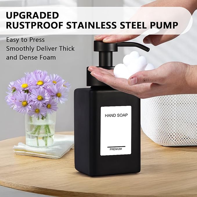 PLOUTA HOME Black Foaming Hand Soap Dispenser 2 Pack,12oz/350ml Glass Foaming Soap Dispenser Set with Stainless Steel Pump, Square Refillable Foam Pump Bottles for Bathroom&Kitchen,Includes 6 Labels