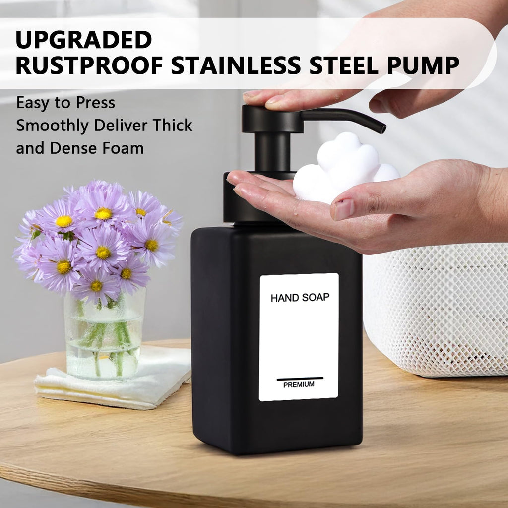 PLOUTA HOME Black Foaming Hand Soap Dispenser 2 Pack,12oz/350ml Glass Foaming Soap Dispenser Set with Stainless Steel Pump, Square Refillable Foam Pump Bottles for Bathroom&Kitchen,Includes 6 Labels