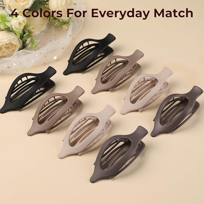 8 Pack French Flat Hair Clips for Women– Large Matte No-Slip Claw Barrettes in Black, Beige, Light Brown & Dark Brown,Strong Hold for Thick & Thin Hair