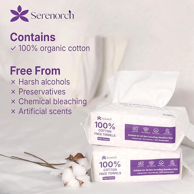 100% Cotton Disposable Face Towels 240 Count, Soft Cotton Tissue for Sensitive Skin, Makeup Remover Dry Wipes, Lint Free Facial Cleansing Cloths for Baby & Adult, Hanging Bag