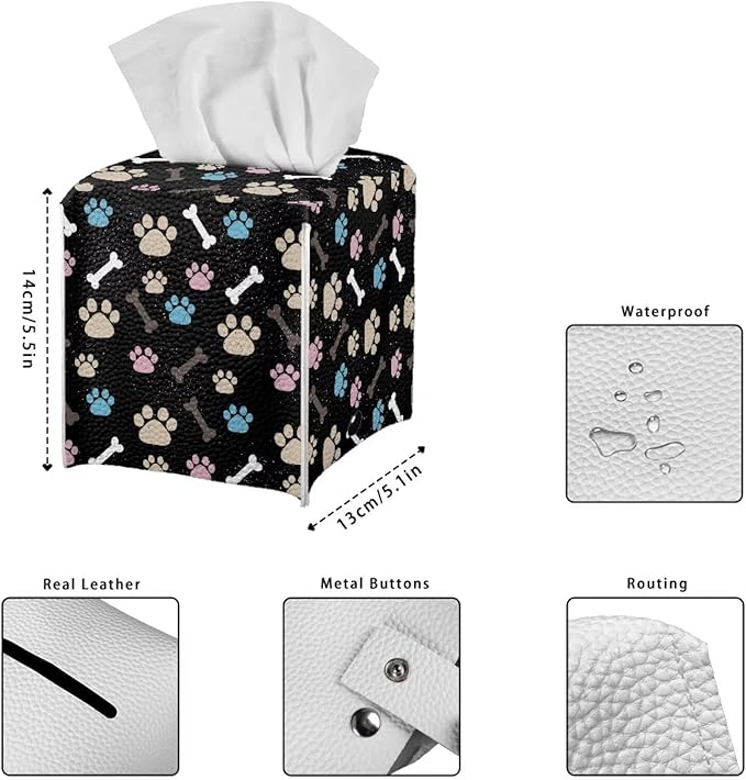 White Dog Paws Tissue Box Holder Portable Lightweight Square Tissue Box Cover Holder with Metal Button Waterproof Napkin Case for Home Office Car Automotive Decor