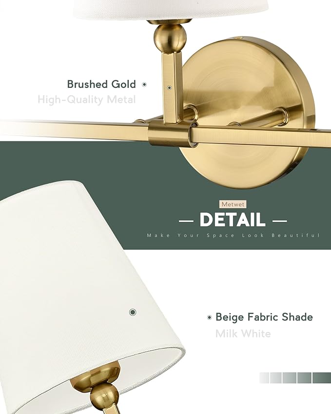 Bathroom Light Fixtures, Brushed Gold Vanity Lights with Beige Fabric Shade, 3-Light Wall Sconce, Modern Sconces Wall Lighting for Hallway Bedroom, VL837-BG-B-3