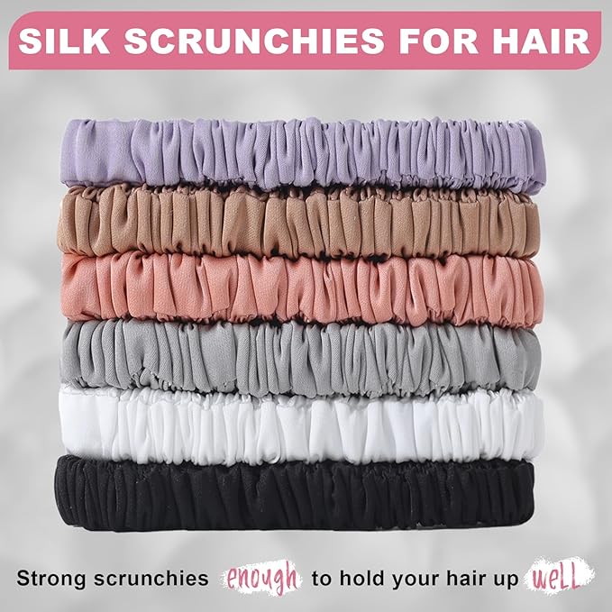 6Pcs Silk Hair Ties Small 22 Momme 100% Pure Mulberry Silk Scrunchies for Women Girls Thin Skinny Hair Sleep Scrunchies No Damage(Color 14)