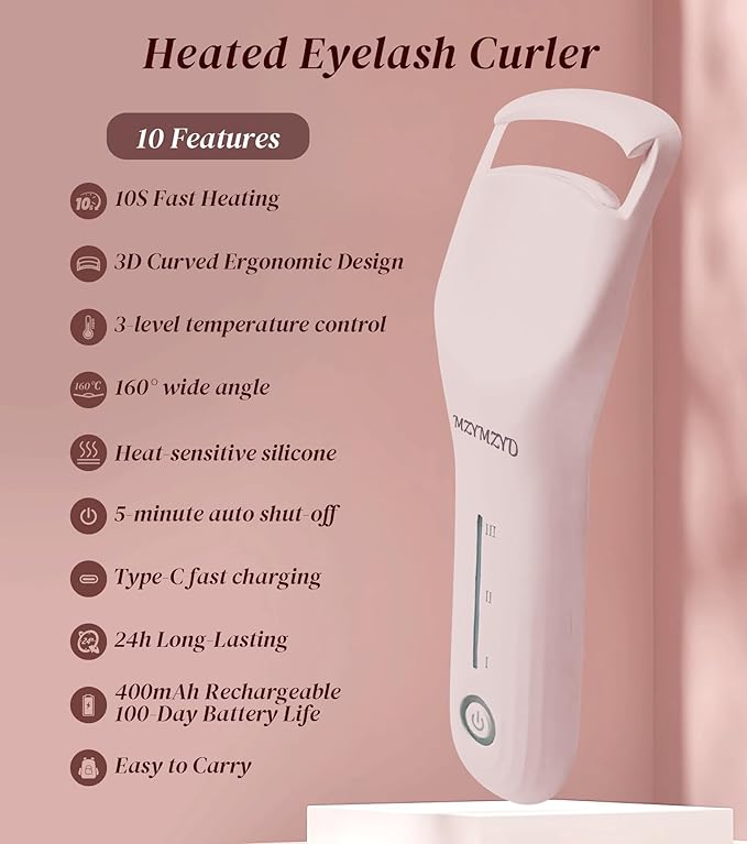 Heated Eyelash Curler, Eyelash Curlers with 3 Temp Settings, 10S Quick Heat-Up, 24H Long-Lasting Natural Curl, Type-C Recharge, Mini Electric Eyelash Curler for Women - Pink