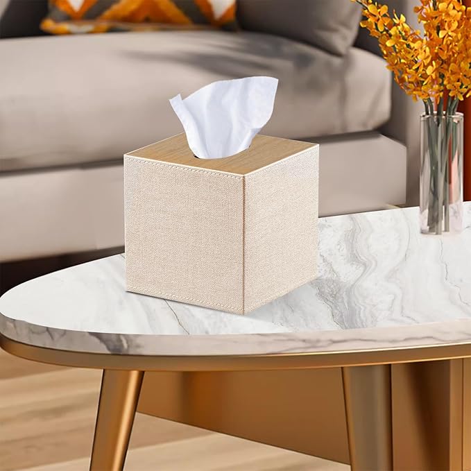 PU Leather Tissue Box Cover Square,Upgrade 99% Compatible Large Size,Cube Tissue Box Holder for Napkin Facial Paper,Dryer Sheet Dispenser Organizer for Bathroom Vanity Countertop Night Stand,Beige