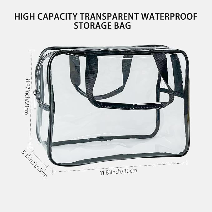TotePrint PVC Clear Pure Color Transparent Large Zipper Cosmetic Pouch Travel Makeup Cosmetic Bag with Handle for Travel Bathroom Toiletry Organizer (Clear+Black Handle)