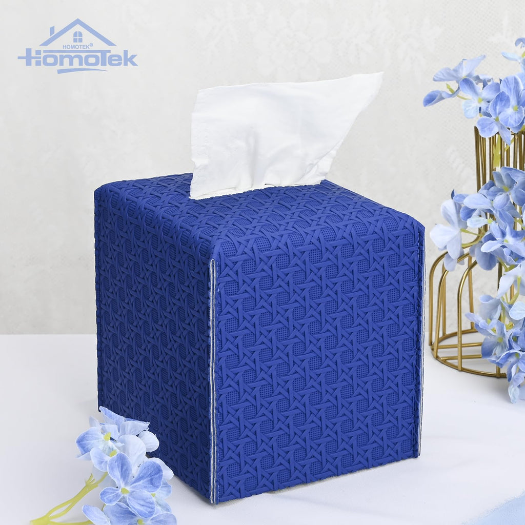 HOMOTEK 2 Pack Tissue Box Cover, Square PU Leather Tissue Holder, Decorative Facial Tissue Cube Paper Organizer Dispenser for Bathroom, Night Stands, Desk, Car 5X5X5'' - Rattan Weave,Blue